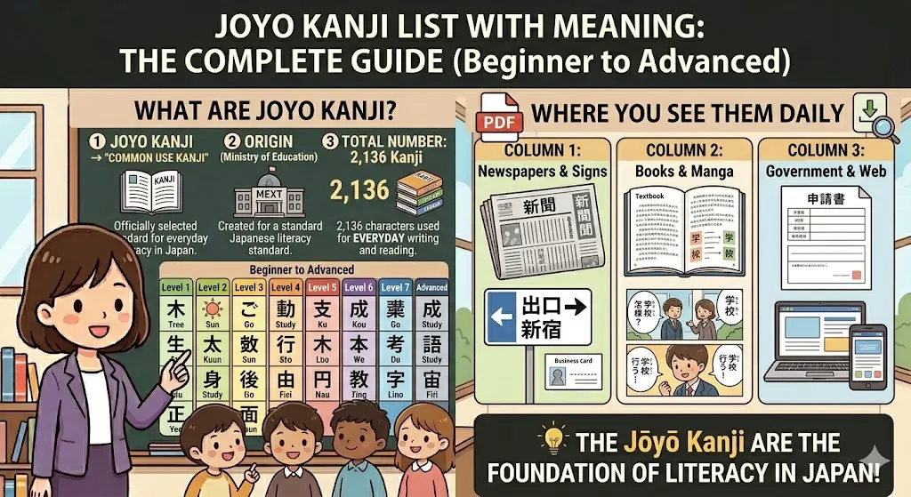 Jōyō Kanji List with Meaning PDF – Master 2136 Kanji for JLPT! Joyo Kanji List With Meaning PDF (Beginner to Advanced Guide) What Are Joyo Kanji?