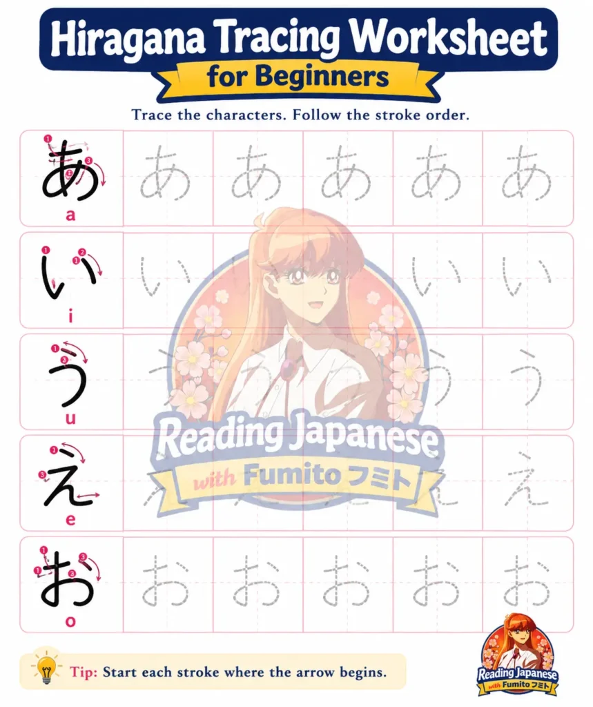 Free Hiragana Practice Sheets Printable – Worksheets, Tracing & Stroke Order Hiragana tracing worksheet for beginners with numbered stroke order arrows