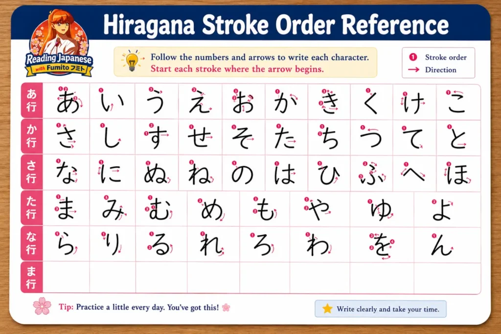 Free Hiragana Practice Sheets Printable – Worksheets, Tracing & Stroke Order Hiragana stroke order reference card showing correct writing sequence for each character