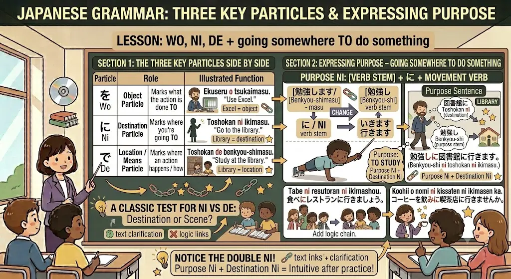 How to Say "Going to a Place" in Japanese – Ni Ikimasu, De Particle and Location Words for Beginners The Three Key Particles Together – Wo, Ni, De