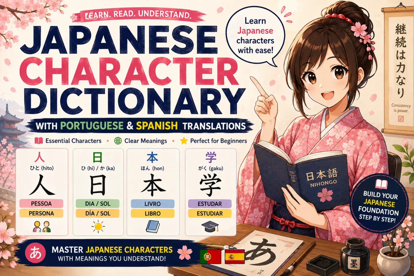 JAPANESE CHARACTER DICTIONARY WITH PORTUGUESE AND SPANISH TRANSLATIONS