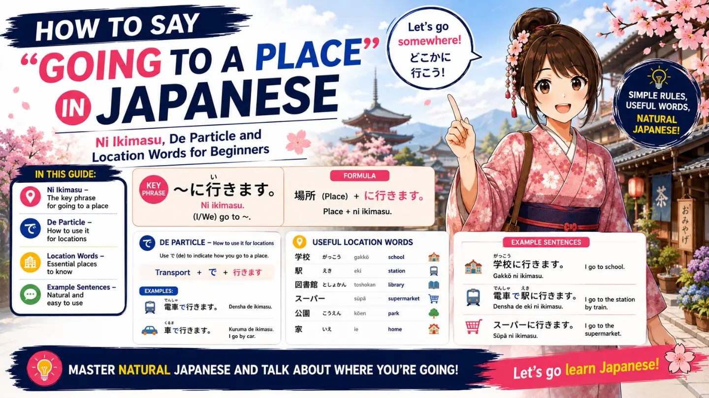 How to Say "Going to a Place" in Japanese – Ni Ikimasu, De Particle and Location Words for Beginners How to Say "Going to a Place" in Japanese – Ni Ikimasu, De Particle and Location Words for Beginners