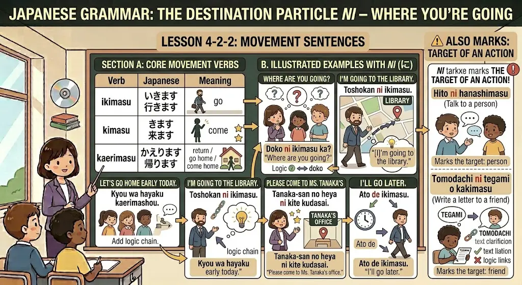 How to Say "Going to a Place" in Japanese – Ni Ikimasu, De Particle and Location Words for Beginners 4-2-2 The Destination Particle Ni – Where You're Going
