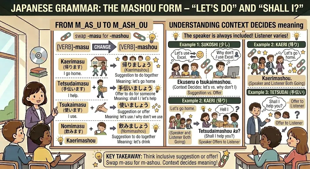 Ganbatte Kudasai and Ganbarimasu Meaning 4-1-1 The Mashou Form – "Let's Do" and "Shall I?"