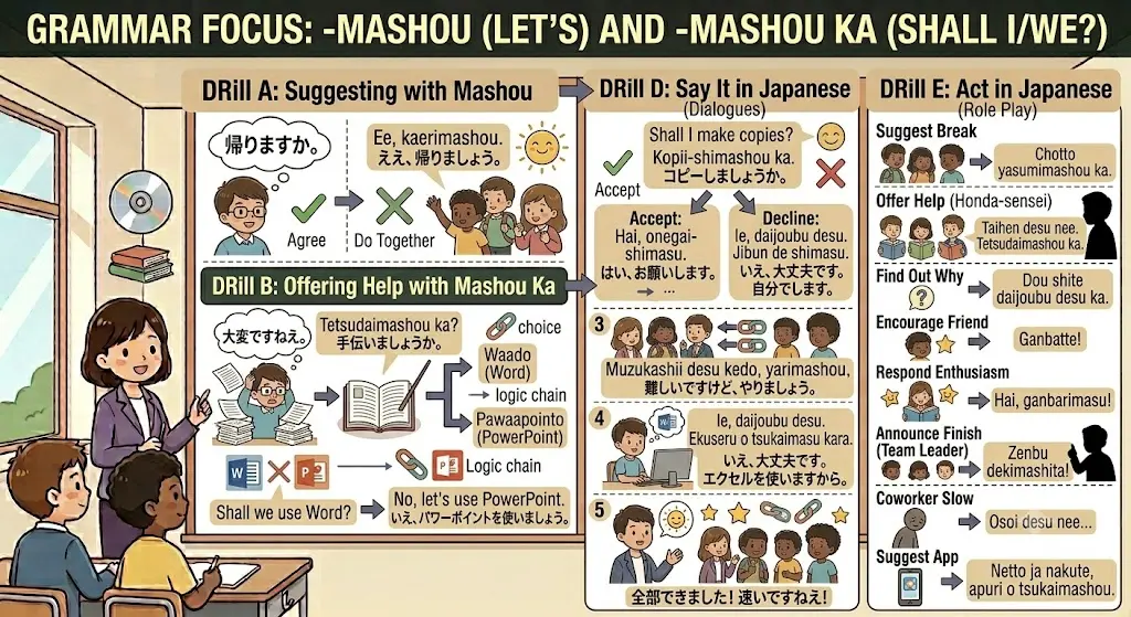 Ganbatte Kudasai and Ganbarimasu Meaning Suggesting with Mashou